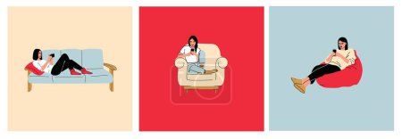 Téléchargez les photos : Les femmes assises sur le canapé pouf tient smartphone dans sa main. Femme occasionnelle naviguant sur les médias sociaux sur l'appareil mobile. Les filles sur le canapé utilise le téléphone pour discuter et surfer sur Internet - en image libre de droit