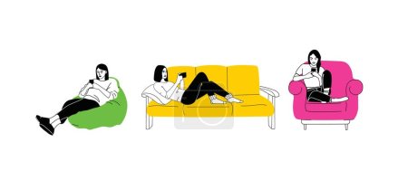 Women sitting on sofa pouf holds smartphone in her hand. Casual lady browsing social media on mobile device. Girls on the couch uses phone for chatting and surfing internet