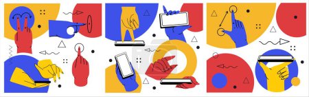 Illustration for Hands holding smartphone. Vector icon of people hold smartphone or using touch gestures for mobile phone while reading. Press and point, pich and unpinch, rotate and swipe symbol. Digital device - Royalty Free Image