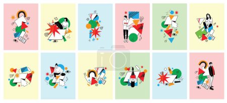 Outline characters, people in different poses and various geometric shapes and colorful abstract figures. Different mood, positions. Hand drawn vector illustration set