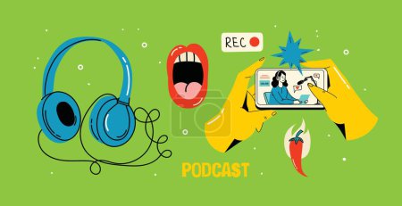 Illustration for Headphones, microphone, laptop, equalizer, speech bubbles. Podcast recording and listening, broadcasting, online radio, audio streaming service Concept. Hand drawn Vector isolated illustrations - Royalty Free Image