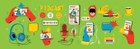 Illustration for Headphones, microphone, laptop, equalizer, speech bubbles. Podcast recording and listening, broadcasting, online radio, audio streaming service Concept. Hand drawn Vector isolated illustrations - Royalty Free Image