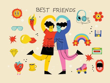 Best friends cocept illustration. Vector illustration of multicultural girls and multicultural friendship. Happy friendship day. Teenage girl friends hugging and having fun banner