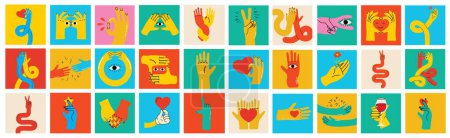 Téléchargez les photos : BD dessinée abstraite mains dessinées. Ensemble de la main multicolore différents signes et symboles. Décalques autocollants de style dessin. Retro Y2K. Jeu d'illustrations vectorielles - en image libre de droit