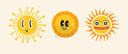 Téléchargez les photos : Un ensemble d'autocollants. Le soleil, le logo, le sourire, la bonne humeur. Brutalisme, design moderne. Le style des illustrations des années 80 - en image libre de droit