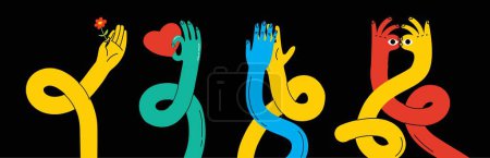 Téléchargez les photos : BD dessinée abstraite mains dessinées. Ensemble de la main multicolore différents signes et symboles. Décalques autocollants de style dessin. Retro Y2K. Jeu d'illustrations vectorielles - en image libre de droit