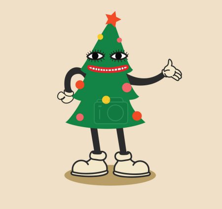 Téléchargez les photos : Noël rétro collection 30s personnages de mascotte de dessin animé. Arbre de Noël dans les années 50, style animation des années 60. Vintage bande dessinée joyeux Noël isolé ensemble vecteur - en image libre de droit