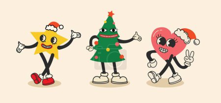 Téléchargez les photos : Noël rétro collection 30s personnages de mascotte de dessin animé. Etoile de Noël, coeur et sapin de Noël dans les années 50, 60 vieux style d'animation. Vintage bande dessinée joyeux Noël isolé ensemble vecteur - en image libre de droit