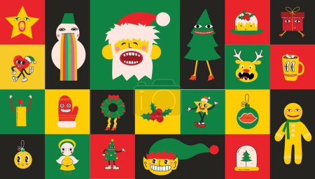 Téléchargez les photos : Groovy hippie autocollants de Noël. Père Noël, sapin de Noël, cadeaux, arc-en-ciel, paix, groovy et lumineux, café, dans un style de dessin animé rétro tendance. Joyeux Noël et bonne année. - en image libre de droit