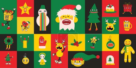 Téléchargez les photos : Groovy hippie cartes de Noël Père Noël, arbre de Noël, cadeaux, arc-en-ciel, paix, groovy et lumineux, café, dans le style rétro bande dessinée à la mode. Joyeux Noël et bonne année. - en image libre de droit