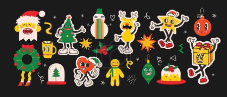Téléchargez les photos : Groovy hippie autocollants de Noël. Père Noël, sapin de Noël, cadeaux, arc-en-ciel, paix, groovy et lumineux, café, dans un style de dessin animé rétro tendance. Joyeux Noël et bonne année. - en image libre de droit