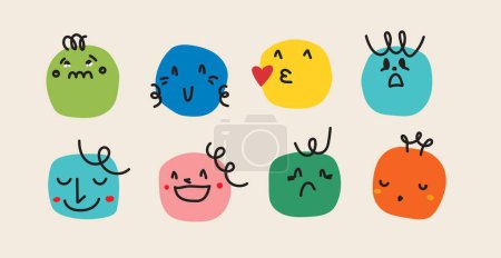 Téléchargez les photos : Abstrait comic Faces with various Emotions. Style dessin au crayon. Différents personnages colorés dans le style de dessin animé et design plat. Illustration vectorielle Emoji tendance dessinée à la main. - en image libre de droit