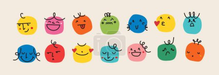 Téléchargez les photos : Abstrait comic Faces with various Emotions. Style dessin au crayon. Différents personnages colorés dans le style de dessin animé et design plat. Illustration vectorielle Emoji tendance dessinée à la main. - en image libre de droit