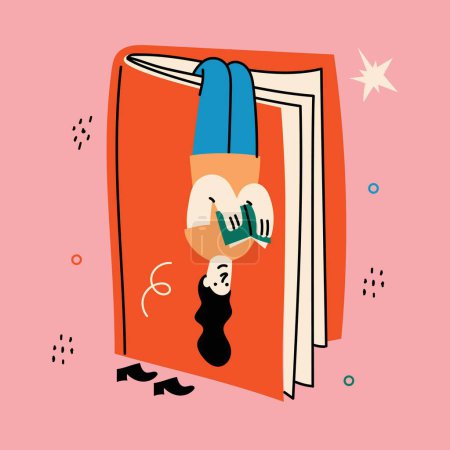World Book Day graphics - book week events. Modern flat vector concept illustration of reading people, young women reading book laying down in trendy retro style