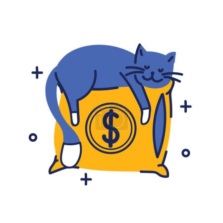 Money pillow. Personal finance, money savings, emergency support fund, personal capital, insurance. Cute doodle cat bank. Modern flat cartoon style. Vector illustration