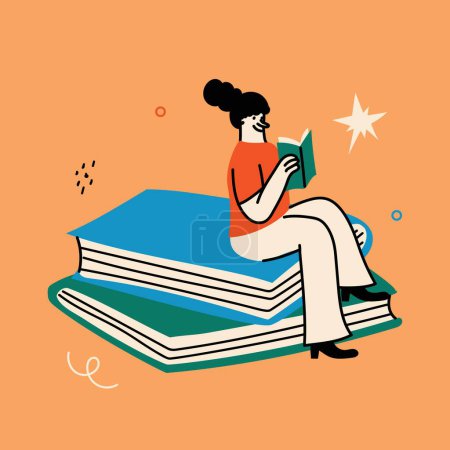 World Book Day graphics - book week events. Modern flat vector concept illustration of reading people, young women sitting and reading book laying down in trendy retro style