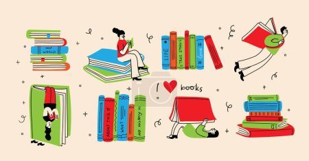 World Book Day graphics - book week events. Modern flat vector concept illustration of reading people, young man reading book flying in the sky in trendy retro style