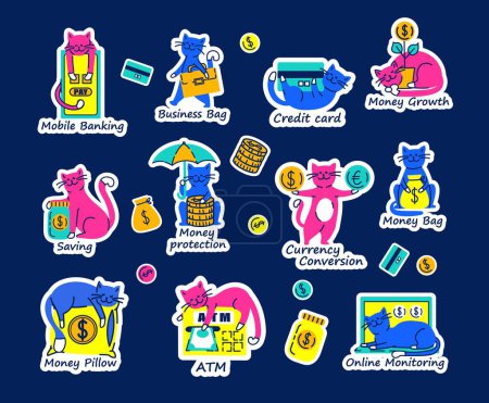 Set of cats with money funny trendy stickers. Banking related objects, symbol of wealth, Bank, capital and elements. Hand drawn retro doodle illustration collection.