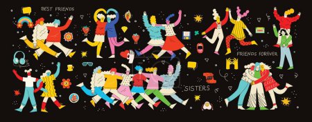 Illustration for Happy women or girls together and holding hands. Group of female friends, union of feminists, sisterhood. Flat cartoon characters isolated on the background. Colorful vector trendy illustration. - Royalty Free Image