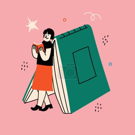 World Book Day graphics - book week events. Modern flat vector concept illustration of reading people, young woman reading book standing near big book in modern retro style