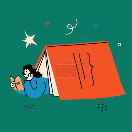 World Book Day graphics - book week events. Modern flat vector concept illustration of reading people, young woman reading book laying under the big book in modern retro style