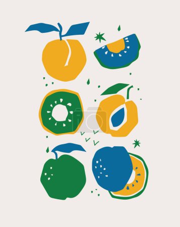Téléchargez les photos : Affiches florales abstraites avec des fruits et des feuilles de citron. Trendy Groovy Papier abstrait éléments coupés, fruits et baies pour les médias sociaux, cartes postales et imprimés. - en image libre de droit