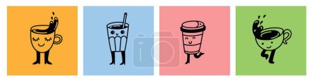 Téléchargez les photos : Ensemble d'affiches de personnages drôles doodle rétro. Illustration vectorielle de boissons vintage. Latte, cappuccino, tasse à café, mascotte de jus frais. Nostalgie 60, 70, 80. Conception d'impression pour café - en image libre de droit