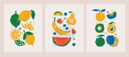 Téléchargez les photos : Affiches florales abstraites avec des fruits et des feuilles de citron. Trendy Groovy Papier abstrait éléments coupés, fruits et baies pour les médias sociaux, cartes postales et imprimés. - en image libre de droit