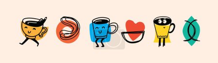 Téléchargez les photos : Ensemble d'affiches de personnages drôles doodle rétro. Illustration vectorielle de boissons vintage. Latte, cappuccino, tasse à café, mascotte de jus frais. Nostalgie 60, 70, 80. Conception d'impression pour café - en image libre de droit