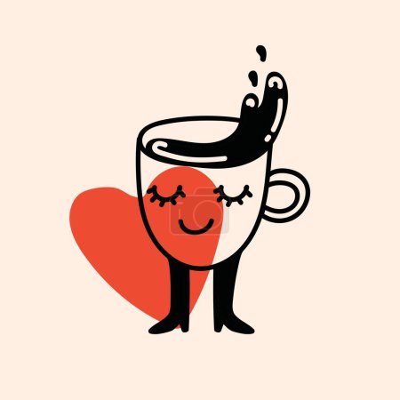 Téléchargez les photos : Affiche de personnage drôle doodle rétro. Illustration vectorielle de boissons vintage. Latte, cappuccino, tasse à café, mascotte de jus frais. Nostalgie 60, 70, 80. Conception d'impression pour café - en image libre de droit