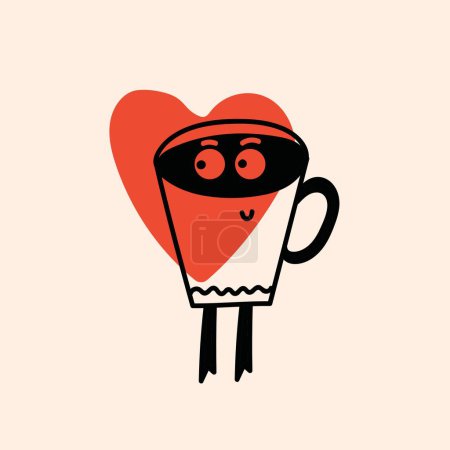 Téléchargez les photos : Café personnage drôle doodle rétro avec affiche coeur. Illustration vectorielle de boissons vintage. Latte, cappuccino, tasse à café, mascotte de jus frais. Nostalgie 60, 70, 80. Conception d'impression pour café - en image libre de droit