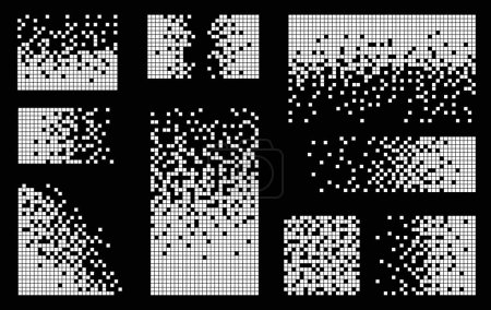 Téléchargez les photos : Pixel fond de désintégration. Effet de désintégration. Dispersé motif pointillé. Concept de désintégration. Réglez les textures de mosaïque de pixels avec de simples particules carrées. Illustration vectorielle sur fond noir. - en image libre de droit