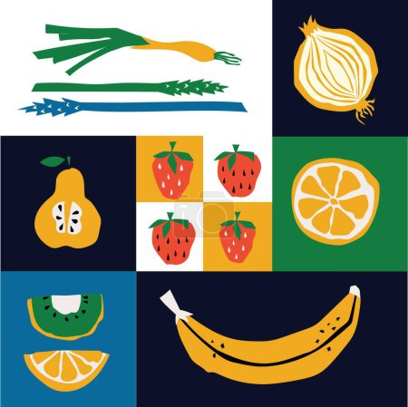 Téléchargez les photos : Un collage pixel art avec une gamme de fruits et légumes aux couleurs vives comme l'orange, le jaune et le vert. La diversité de la gamme d'aliments naturels vous fera sourire - en image libre de droit