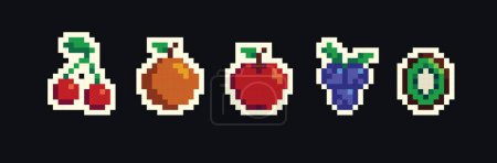 Foto de Iconos retro pixel art food aislados con frutas y verduras de 8bit pixel. Vintage 8 bit consola juego activo, arcade de ordenador vector de elementos con bayas, verduras de granja y frutas exóticas - Imagen libre de derechos