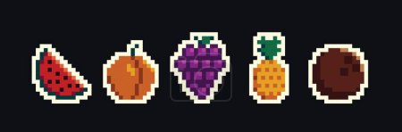 Foto de Iconos retro pixel art food aislados con frutas y verduras de 8bit pixel. Vintage 8 bit consola juego activo, arcade de ordenador vector de elementos con bayas, verduras de granja y frutas exóticas - Imagen libre de derechos