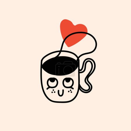 Foto de Retro doodle divertido personaje de café con cartel del corazón. Ilustración vectorial bebida vintage. Latte, capuchino, taza de café, mascota. Nostalgia 60, 70, 80. Diseño de impresión para cafetería - Imagen libre de derechos