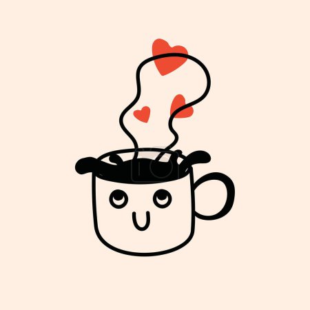 Foto de Retro doodle divertido personaje de café con cartel del corazón. Ilustración vectorial bebida vintage. Latte, capuchino, taza de café, mascota. Nostalgia 60, 70, 80. Diseño de impresión para cafetería - Imagen libre de derechos