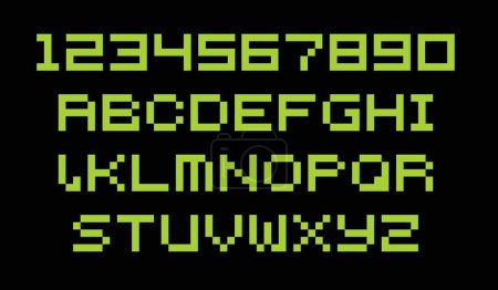 Foto de Pixel game fuente. Arcade símbolos de alfabeto de 8 bits, elementos de texto de consola retro, letras de tipo 80. Ordenador vectorial y juego de cartas cómicas de videojuegos. Ilustración del píxel del alfabeto del juego - Imagen libre de derechos