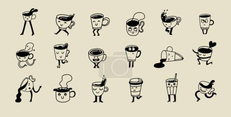 Foto de Conjunto de carteles retro doodle divertidos personajes. Ilustración vectorial bebida vintage. Latte, capuchino, taza de café, jugo fresco mascota. Nostalgia 60, 70, 80. Diseño de impresión para cafetería - Imagen libre de derechos