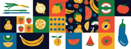 Afiches florales abstractos con frutas y hojas. Trendy Groovy Elementos de corte de papel abstracto, frutas y bayas para redes sociales, postales e impresión.