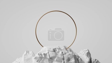 Photo for 3d render, abstract white background with golden ring, round frame integrated into chalk rock stone, aesthetic minimalist wallpaper - Royalty Free Image