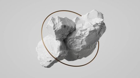 Foto de 3d render, fondo blanco abstracto con piedra de roca tiza y anillo de oro levitante, fondo de pantalla minimalista estética - Imagen libre de derechos