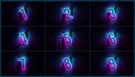 Téléchargez les photos : Rendu 3d, collection de numéros néon de un à neuf, symboles numériques rayonnant de lumière ultraviolette sur fond noir - en image libre de droit