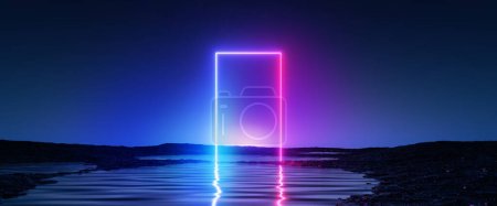 Photo for 3d rendering, abstract futuristic background. Landscape with water and square geometric arch glowing in the dark under the night sky. Fantastic wallpaper - Royalty Free Image