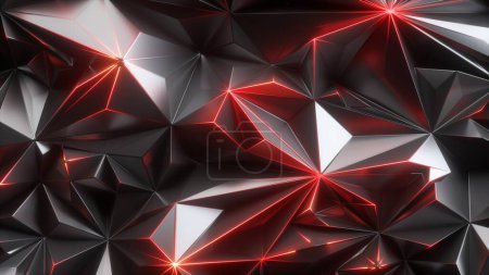 Téléchargez les photos : Rendu 3d, fond abstrait, texture facettée métallique brillante illuminée de lumière au néon rouge. Brutal papier peint futuriste - en image libre de droit