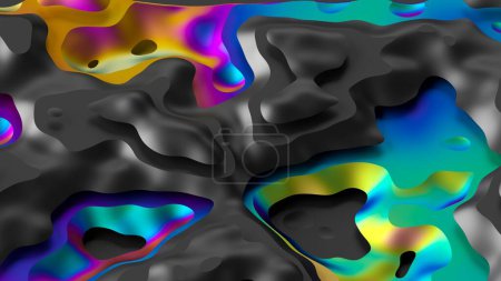 Foto de 3d render, fondo negro futurista abstracto con ondulaciones iridiscentes coloridas - Imagen libre de derechos