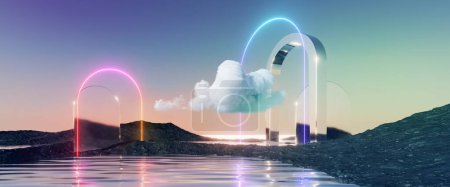 3d render, abstract panoramic background. Fantastic landscape with water, rocks, mirror arch, neon frame and cloud. Pastel gradient sky. Modern minimal aesthetic wallpaper
