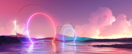 Foto de 3d render, fondo panorámico de fantasía abstracta. Fondo de pantalla de paisaje fantástico. Paisaje marino con aguas tranquilas bajo el cielo rosado del atardecer con nubes. Espejos redondos y arco de neón - Imagen libre de derechos