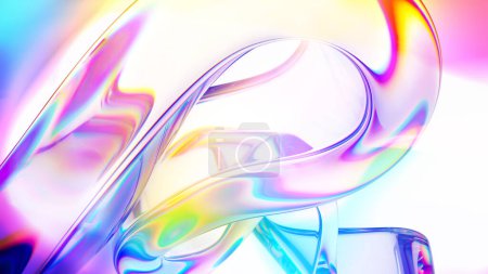 Téléchargez les photos : Rendu 3d, fond abstrait avec forme incurvée en verre, papier peint holographique irisé - en image libre de droit