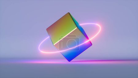 Foto de 3d render, fondo geométrico abstracto, cubo metálico holográfico iridiscente con anillo de neón rosa - Imagen libre de derechos